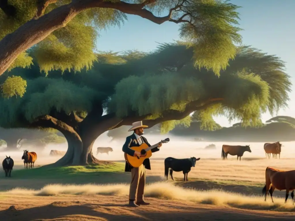 Un gaucho uruguayo tocando guitarra bajo un ombú en las pampas doradas