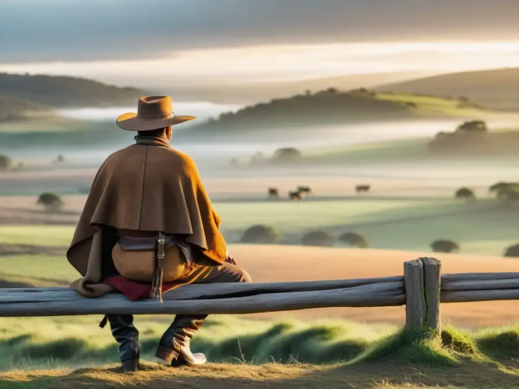 Un gaucho uruguayo contempla la llanura al atardecer, reflejando la literatura gauchesca Uruguay