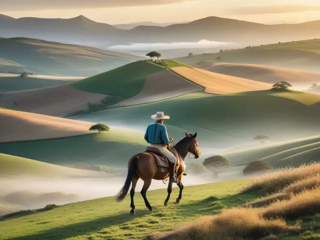 Gaucho uruguayo cabalgando al atardecer en las llanuras doradas Un gaucho uruguayo cabalgando en las llanuras doradas al atardecer