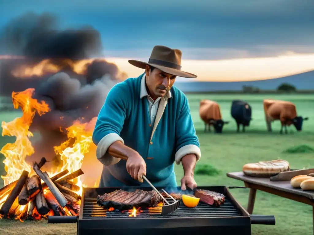 Un gaucho uruguayo en las llanuras doradas, cocinando en parrilla