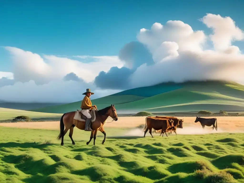 Un gaucho uruguayo en las llanuras, dirigiendo ganado con su caballo