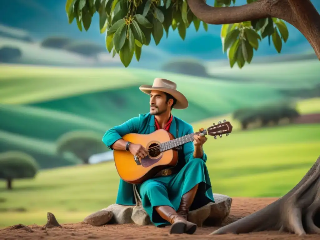 Un gaucho uruguayo toca la guitarra bajo un ombú, rodeado de colinas y ganado