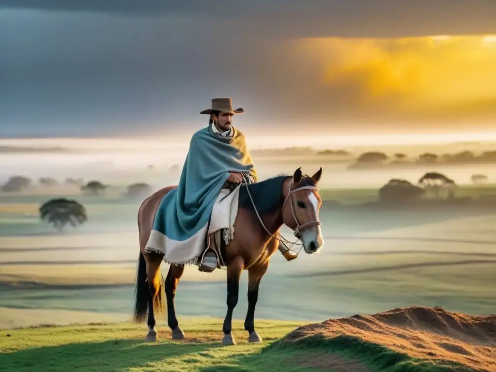 Retrato épico: Gaucho uruguayo, su caballo y atardecer en la pampa Un gaucho uruguayo orgulloso junto a su caballo en las llanuras; el sol dorado se pone al fondo