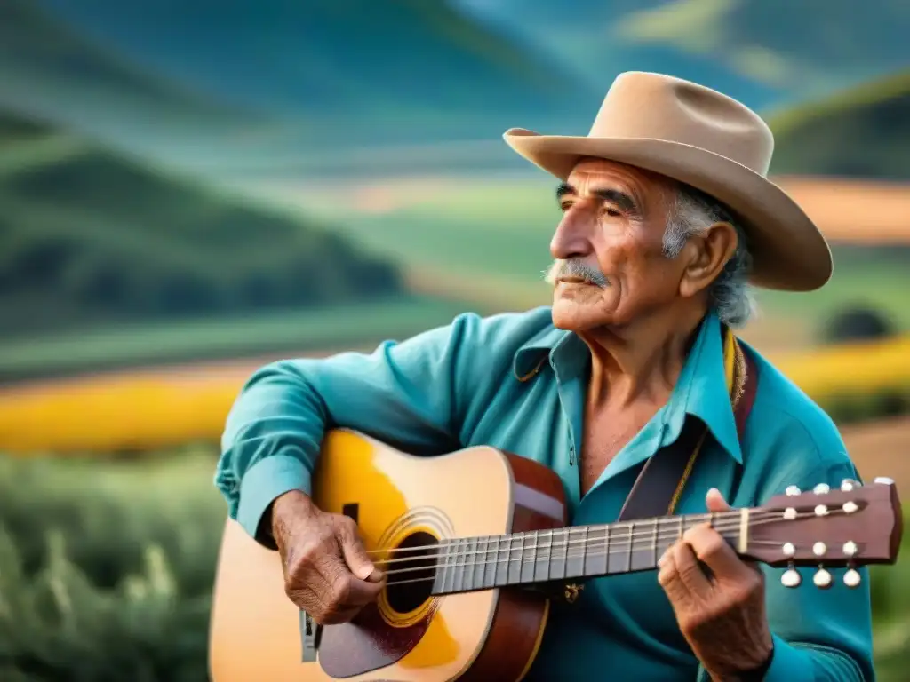 Un gaucho uruguayo tocando el 'cuatro' en un paisaje campestre al atardecer