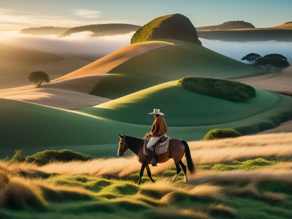 Un gaucho uruguayo en la pampa al atardecer, reflejando la rica cultura y tradición del Uruguay