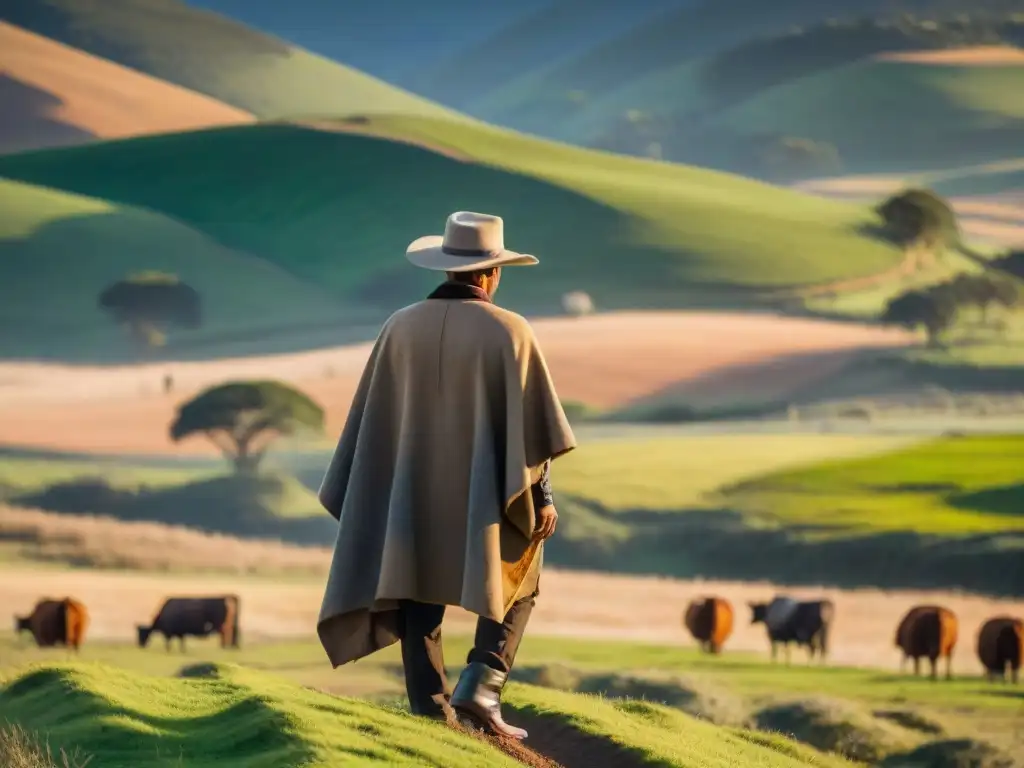 Un gaucho uruguayo, con su poncho y sombrero, junto a su caballo en un paisaje campestre