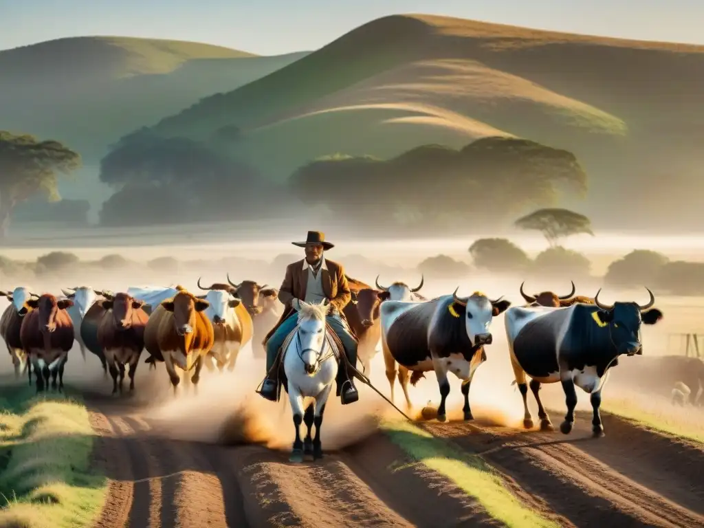 Un gaucho uruguayo guiando un rebaño de ganado en las extensas llanuras doradas al atardecer