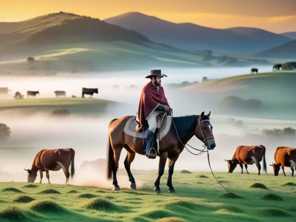 Un gaucho uruguayo con sombrero y poncho guiando ganado en la llanura