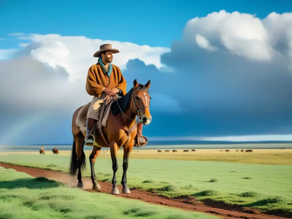 Un gaucho uruguayo tradicional cabalga en la extensa llanura verde bajo un cielo azul