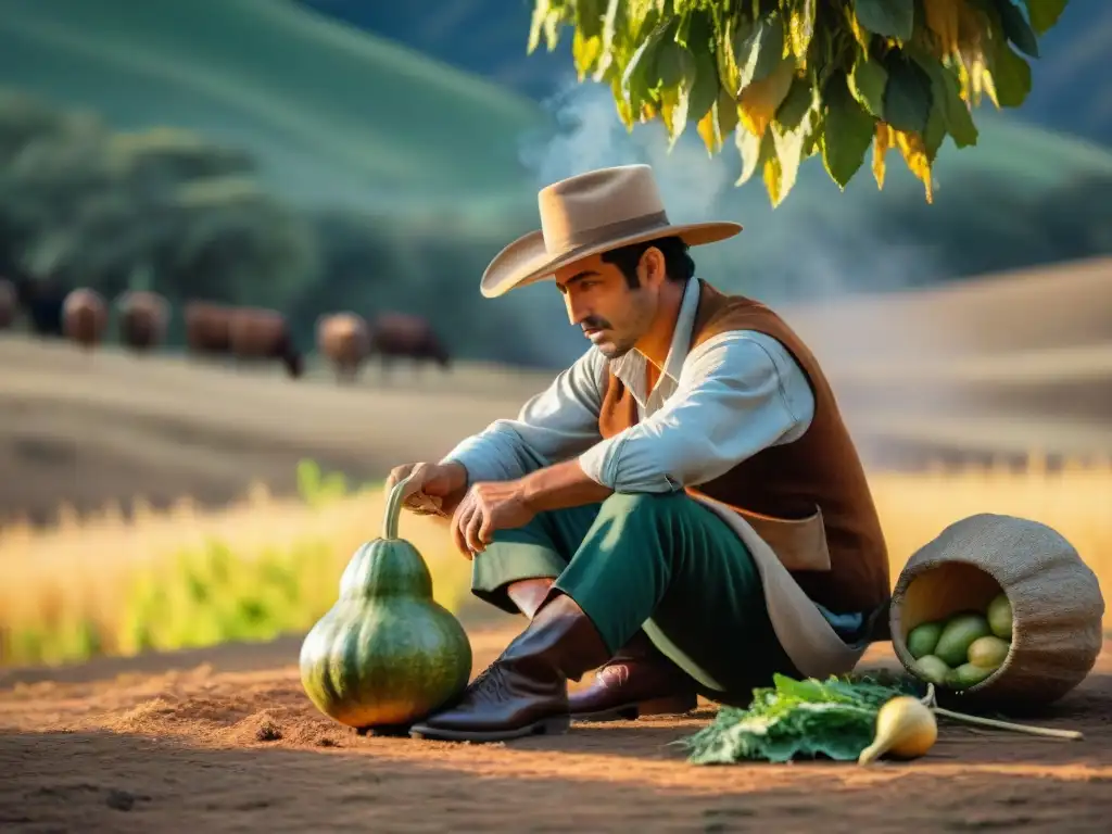 Un gaucho uruguayo tradicional preparando mate bajo un árbol, rodeado de colinas y ganado