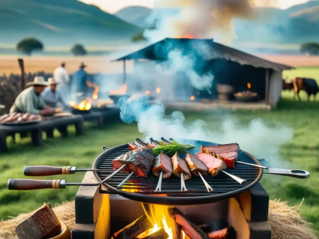 Gauchos preparando un asado tradicional en el campo, gastronomía rural Uruguay