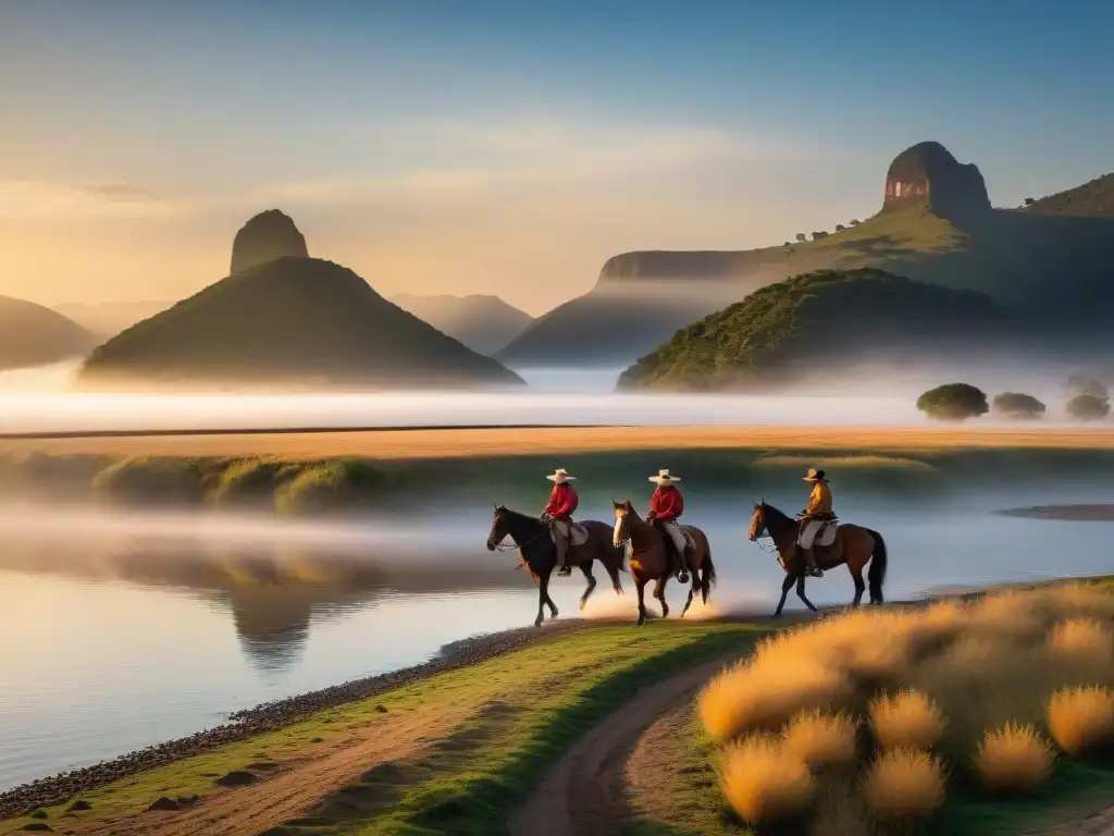 Gauchos a caballo pastorean ganado a orillas del Río de la Plata al atardecer, reflejando la cálida luz del cielo