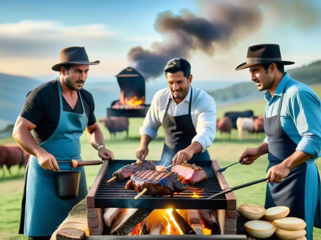 Gauchos preparando carne uruguaya como expertos en el campo