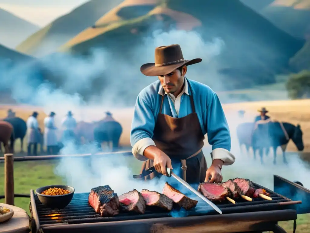 Gauchos en paisaje uruguayo, asando carne en parrilla al aire libre