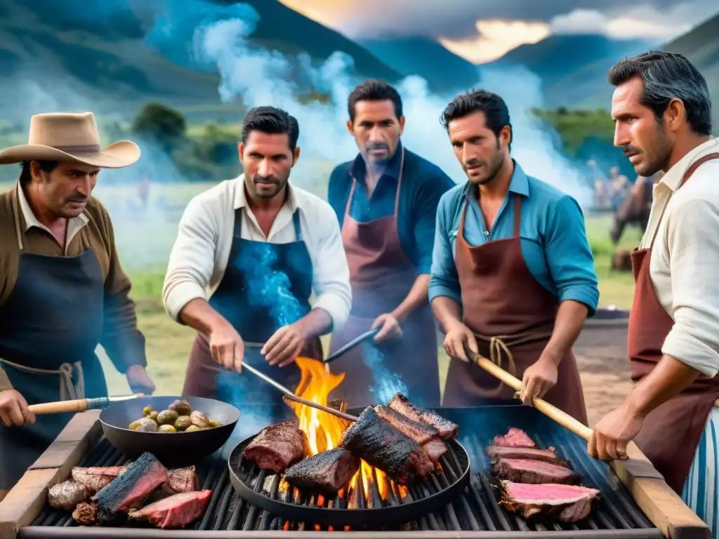 Gauchos en tradicional atuendo asando carne en parrilla al aire libre, en la vasta campiña uruguaya