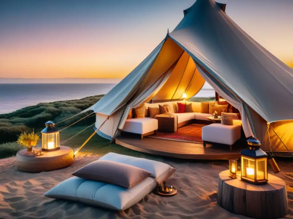 Glamping de lujo en Uruguay: tienda elegante frente al mar al atardecer, con huéspedes disfrutando la tranquilidad nocturna