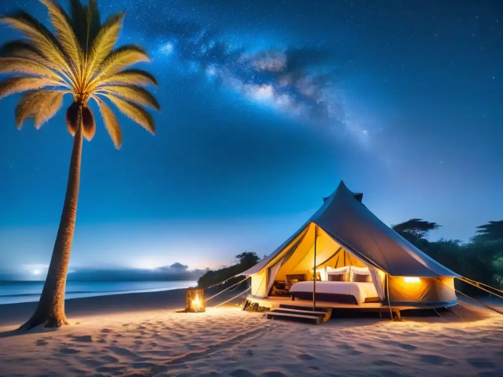 Glamping de lujo en Uruguay: tienda iluminada entre palmeras en la playa, noche estrellada