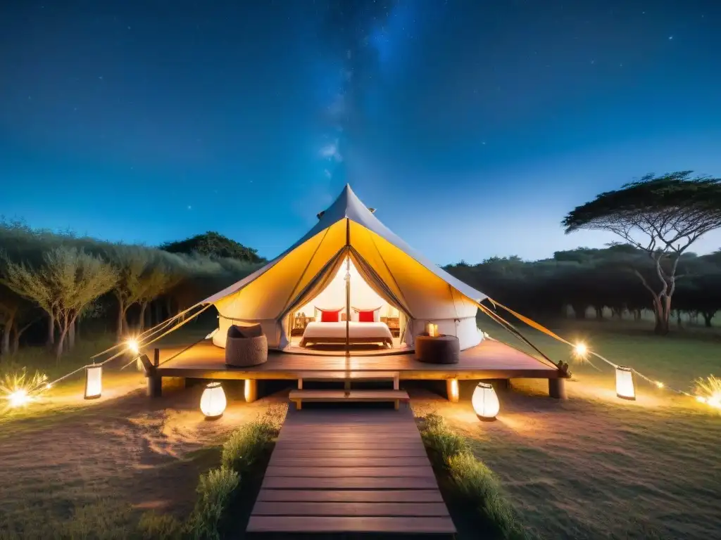 Glamping de lujo en Uruguay: tienda iluminada en la noche estrellada, rodeada de naturaleza exuberante y ambiente acogedor