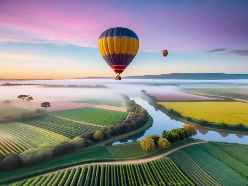 Un globo aerostático colorido flotando sobre viñedos al amanecer en Uruguay, reflejando en un río tranquilo