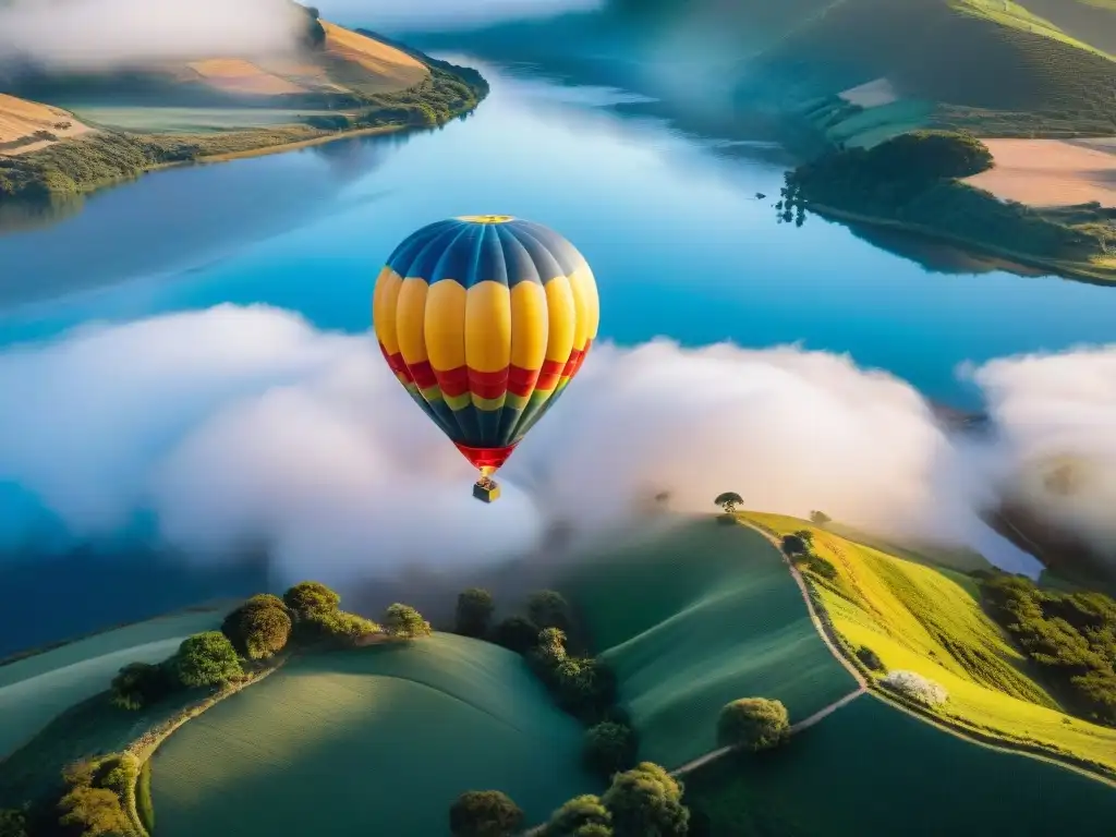 Un globo aerostático flotando sobre paisajes de Uruguay al amanecer