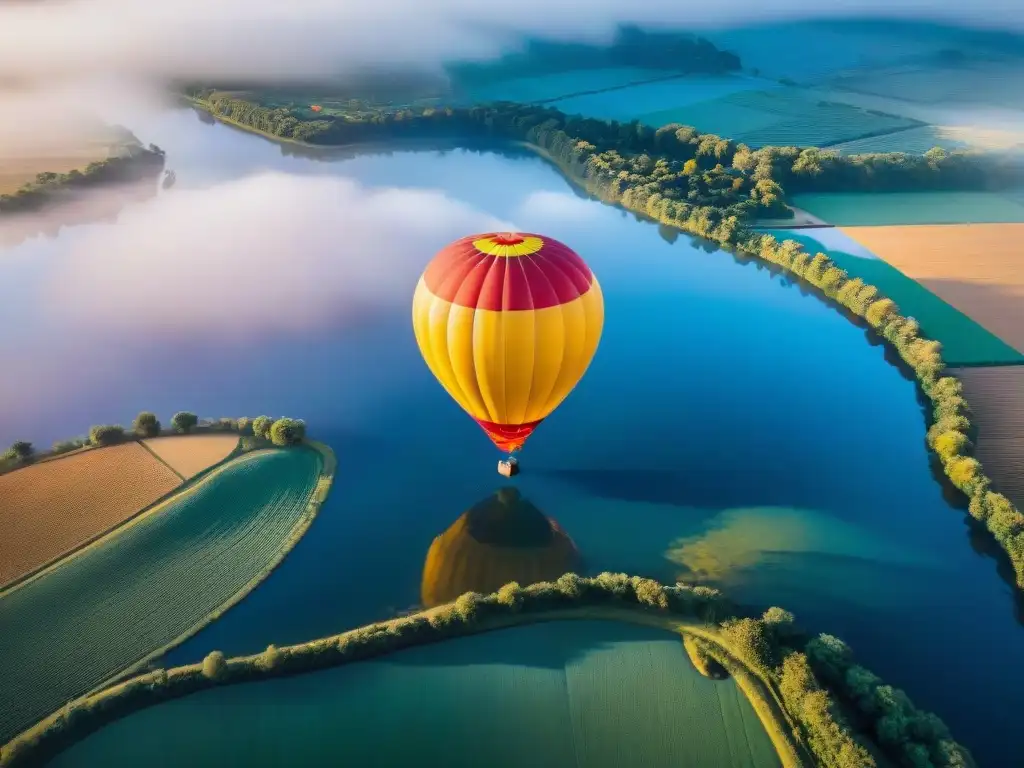 Un globo aerostático colorido flota sobre el paisaje de Uruguay en un día soleado