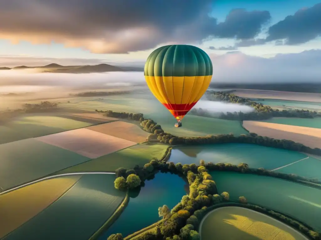 Un globo aerostático colorido flota sobre paisajes uruguayos, con campos verdes y ríos, bajo el cálido atardecer