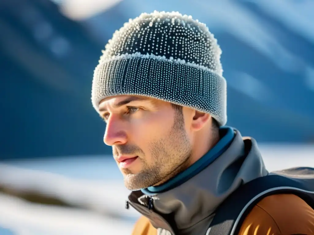 Un gorro técnico de alta tecnología para el frío extremo en Uruguay, con detalles y aislamiento visibles, resistente al agua