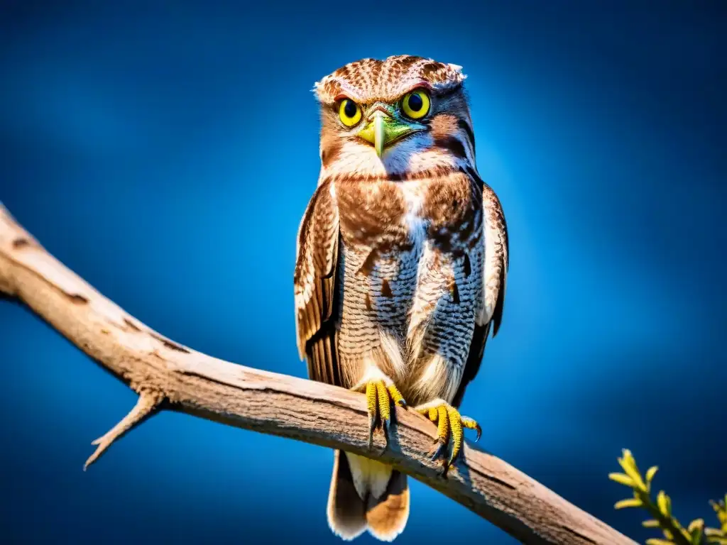 Un Gran Potoo posado en una rama bajo la luz de la luna, con su plumaje camuflado y ojos hipnóticos, en el cielo estrellado de Uruguay