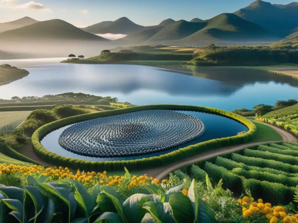 Un granjero cuida con esmero estanques de esturión en una granja de caviar uruguayo al amanecer, rodeado de naturaleza exuberante