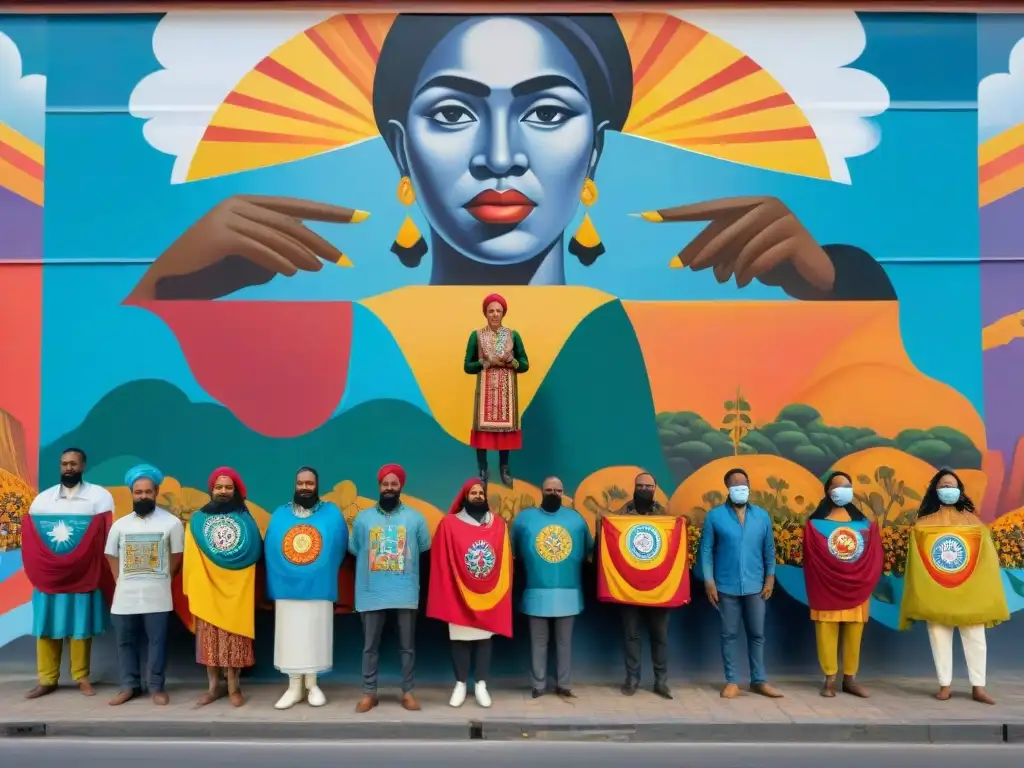 Un grupo de activistas afro-uruguayos frente a un mural de resistencia, capturando la esencia de la lucha y la comunidad