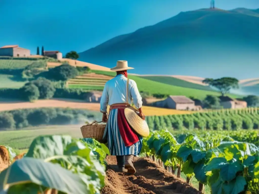 Grupo de agricultores en trajes tradicionales uruguayos en viñedos verdes, destacando el agroturismo en Uruguay