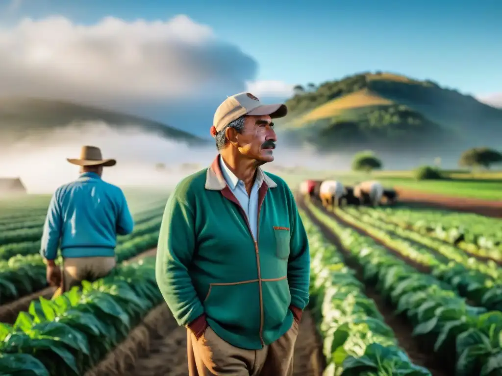 Grupo de agricultores uruguayos trabajando en comunidad en el campo, reflejando la vida y realidades rurales