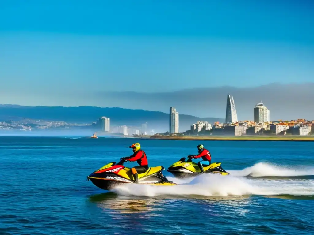 Grupo de jet skis surcando las aguas de Montevideo, con la ciudad al fondo bajo un cielo azul