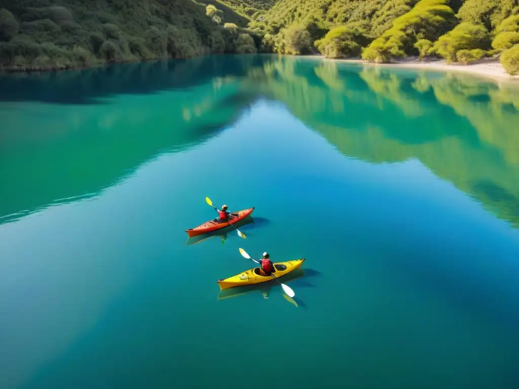 Un grupo de kayaks surcando las aguas cristalinas de la Laguna de Castillos, rodeados de exuberante vegetación y reflejos del cielo