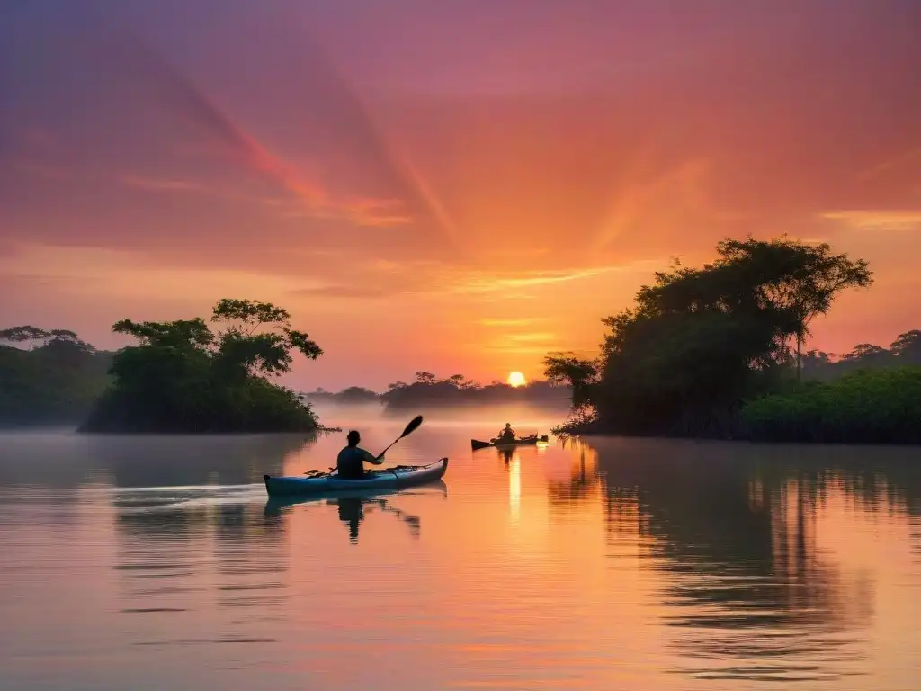 Kayakers al atardecer: serenidad en aguas tranquilas Un grupo de kayaks surcando aguas tranquilas al atardecer en Uruguay