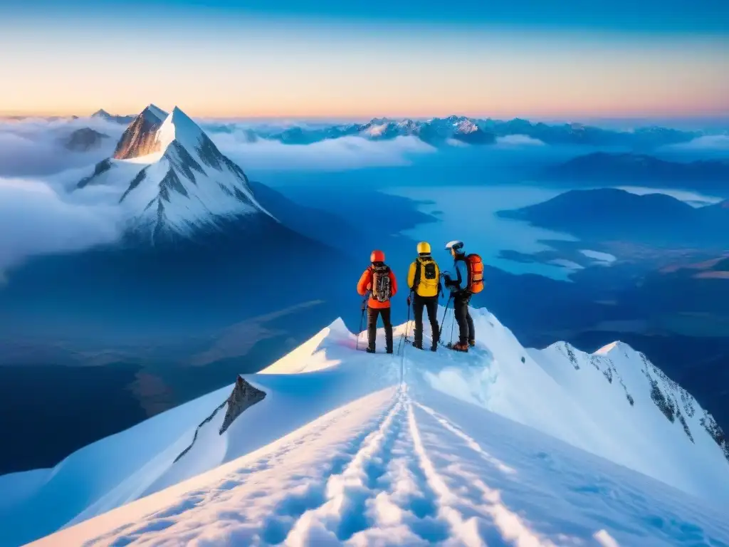 Grupo de alpinistas en cumbre nevada, usando dispositivo comunicación satelital en aventuras remotas