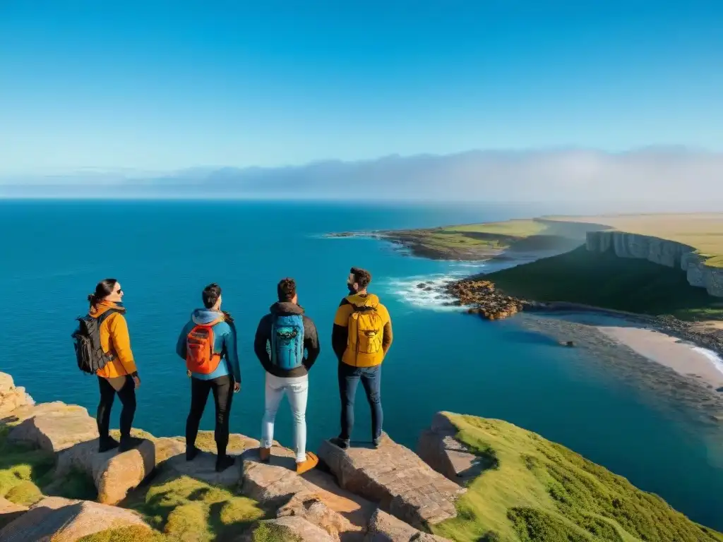 Grupo de amigos en acantilado en Uruguay, disfrutando del paisaje