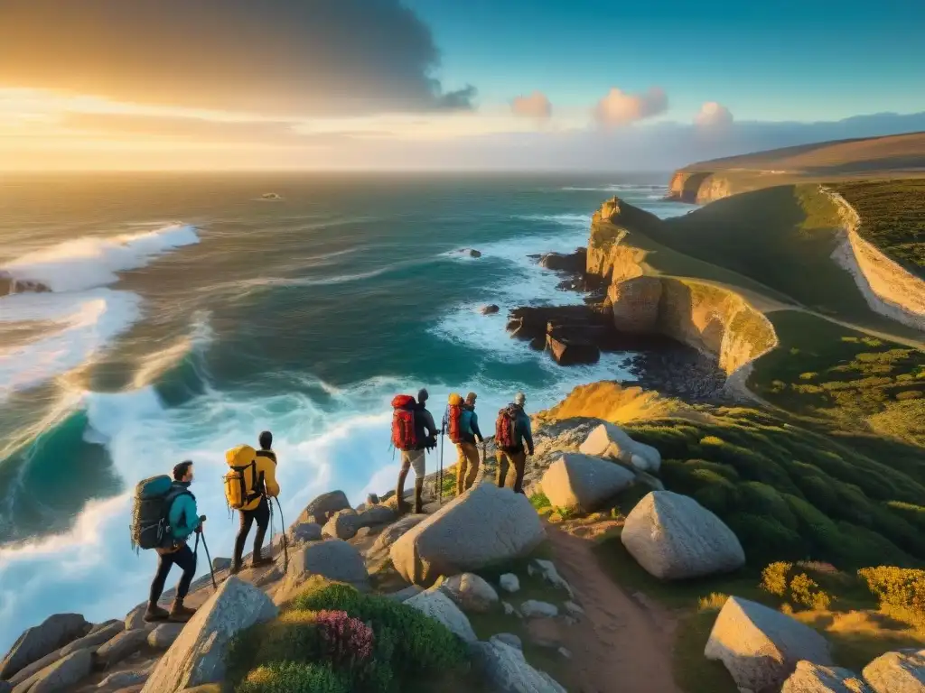 Un grupo de amigos aventureros recorriendo la costa de Uruguay al atardecer, transmitiendo emoción y descubrimiento