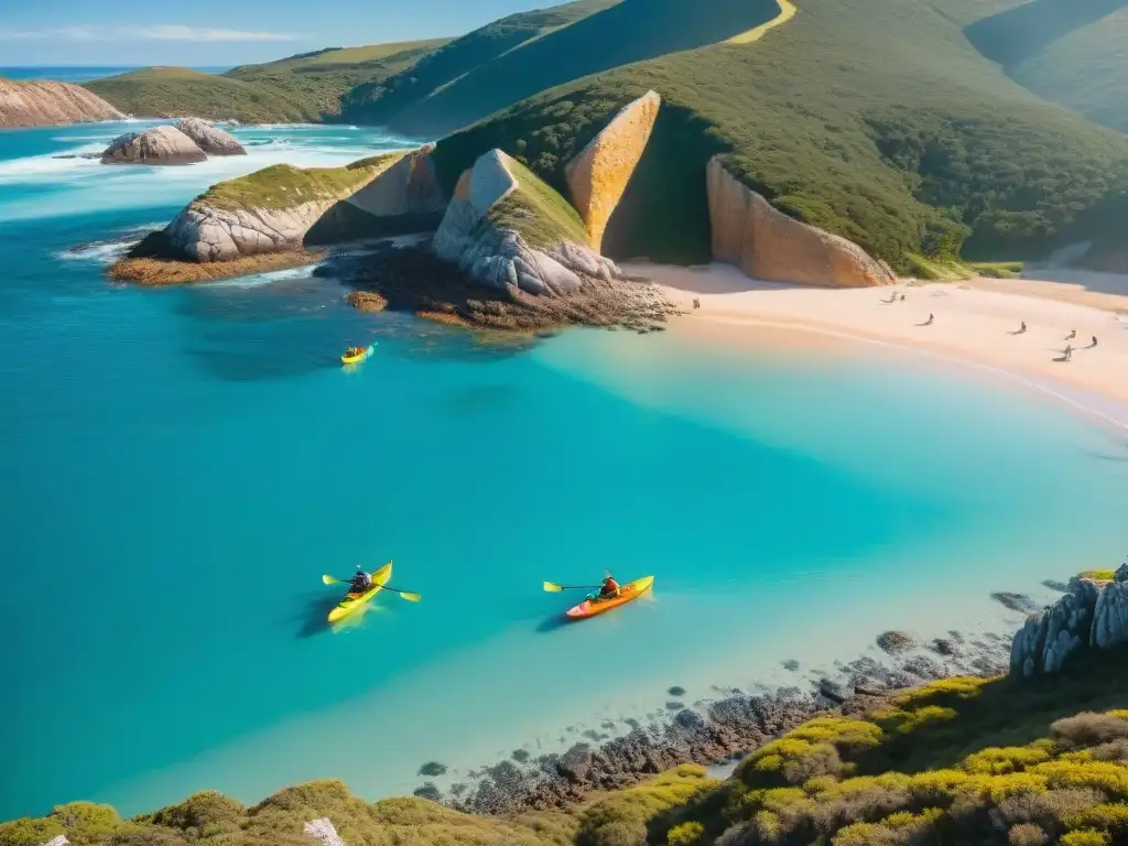 Un grupo de amigos aventureros remando en kayak bajo el sol en la costa de Uruguay