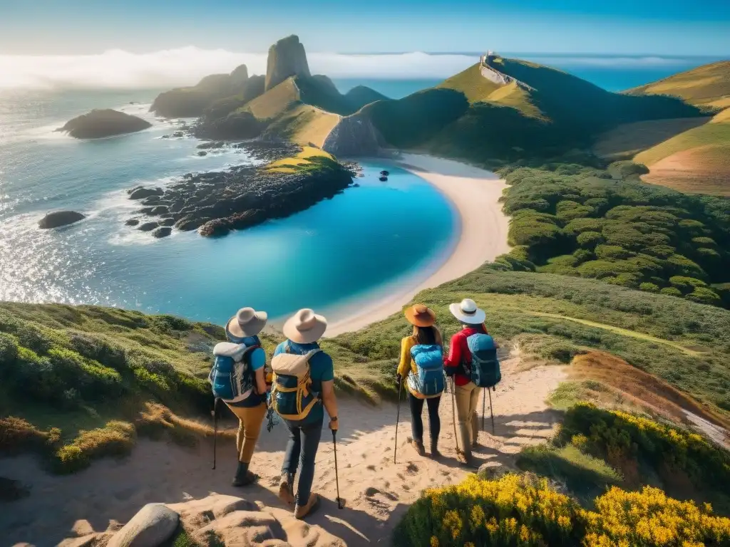 Un grupo de amigos aventureros protegiéndose del sol mientras recorren la costa de Uruguay