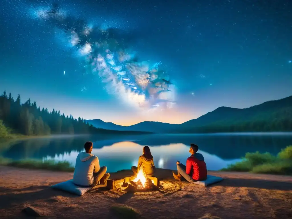 Un grupo de amigos disfruta de un campamento bajo las estrellas en un bosque, iluminados por una fogata