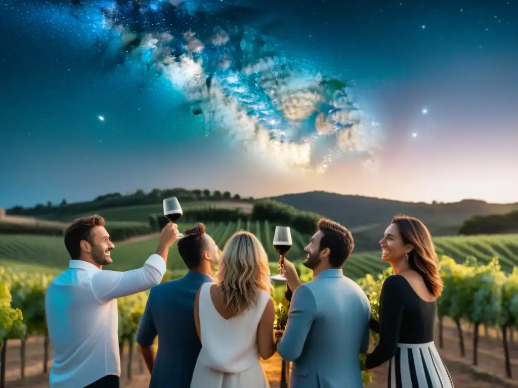 Grupo de amigos brindando bajo el cielo estrellado en una bodega de Uruguay