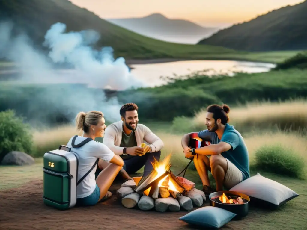 Un grupo de amigos disfruta alrededor de una fogata en un camping en Uruguay, con una nevera portátil llena de refrigerios