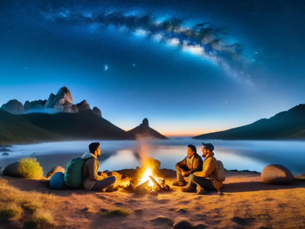 Grupo de amigos alrededor de fogata en Uruguay, con lámparas de cabeza para campamentos bajo el cielo estrellado