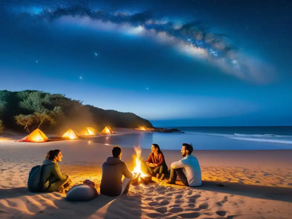 Un grupo de amigos riendo alrededor de una fogata en la playa de Uruguay, con sacos de dormir para acampar en el fondo bajo un cielo estrellado