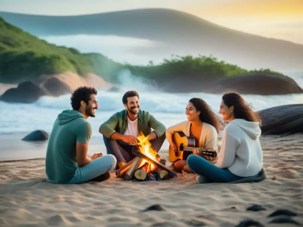 Un grupo de amigos disfruta alrededor de una fogata en la playa de Uruguay, con un equipo de audio portátil