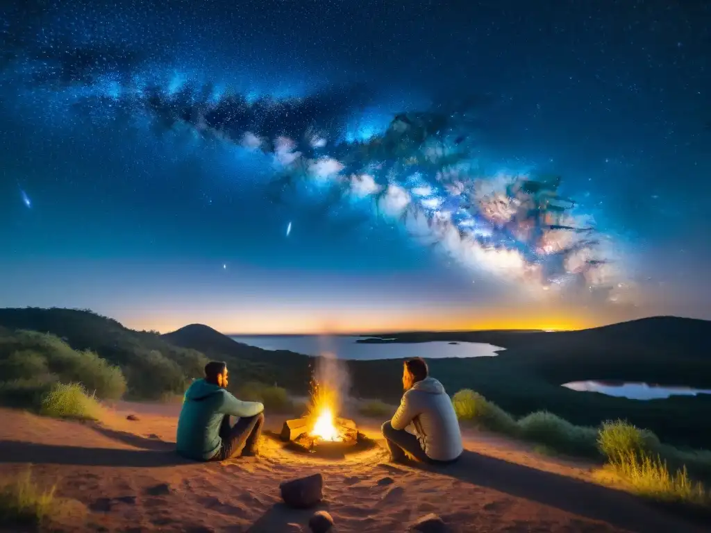 Grupo de amigos riendo y asando malvaviscos alrededor de una fogata bajo un cielo estrellado en Uruguay, seguro de viaje para acampar