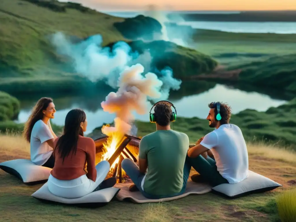 Un grupo de amigos disfruta de la música alrededor de la fogata en el hermoso paisaje natural de Uruguay, iluminados por la cálida luz del atardecer