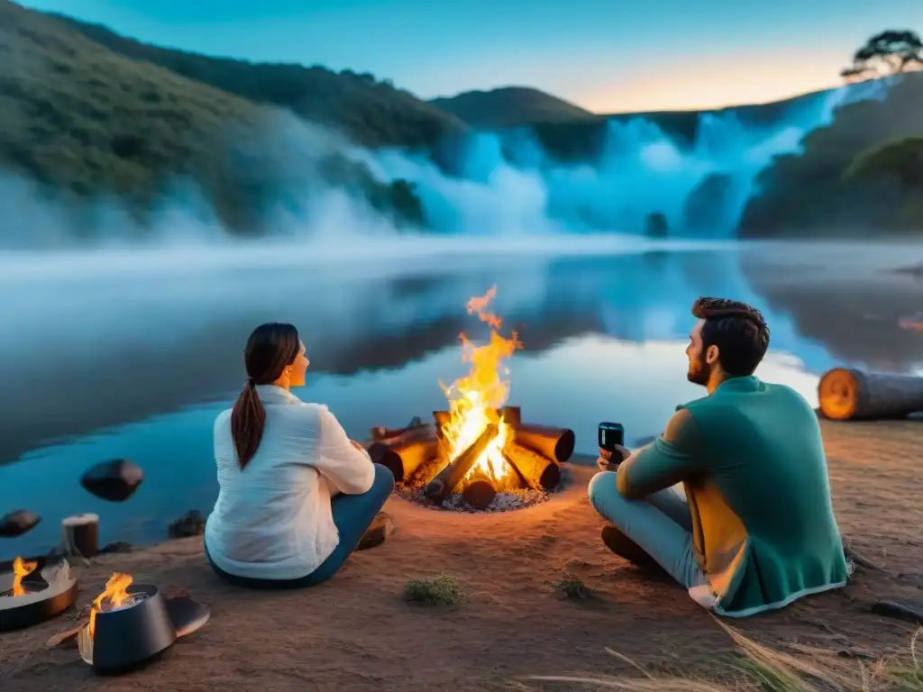 Grupo de amigos disfrutando de la naturaleza en Uruguay con equipo de audio portátil