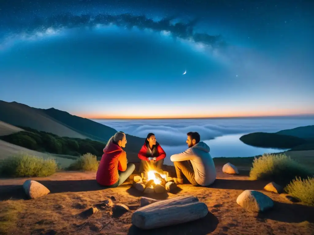 Un grupo de amigos disfruta de la noche alrededor de una fogata en Uruguay, iluminados por lámparas de cabeza para campamentos